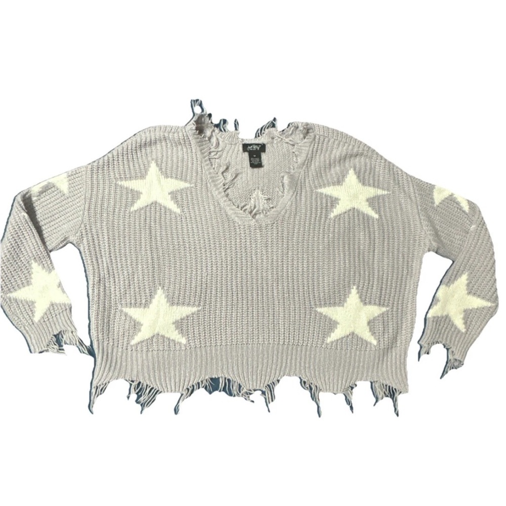 Just Polly New York Sweater Women’s M Purple Cropped Distressed Star Shark Bite - Picture 4 of 8